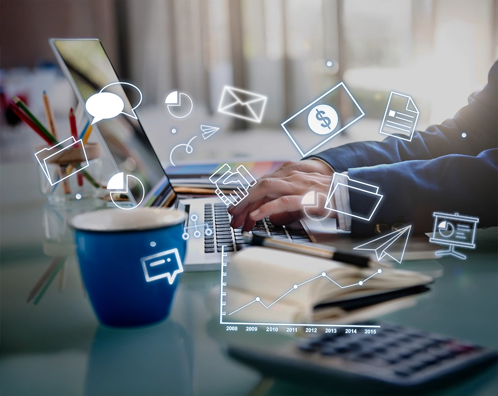 Illustration of digital marketing channels including SEO, social media, and email marketing